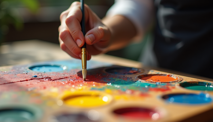 Eye-level view of a painter mixing vibrant colours on a palette