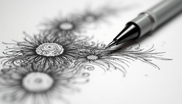 Close-up view of a detailed pen and ink drawing showing fine lines and shading