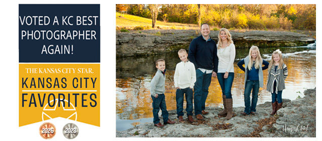 Kansas City Favorites 2026 and 2023 award badge reading 'Voted a KC Best Photographer Again' next to an outdoor family portrait of two parents and four kids by a creek, taken by Happy Chick Photography.