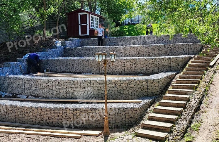 габион в ландшафтном дизайне, укрепления склона,  декор габион 