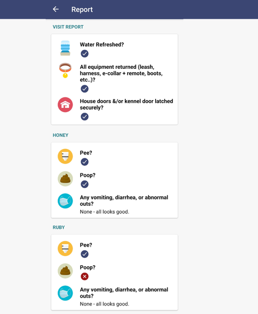 A screenshot of a sample visit report given to a client in the Time to Pet software. Includes what details were tracked during a visit (poop, pee, medications given, etc.)