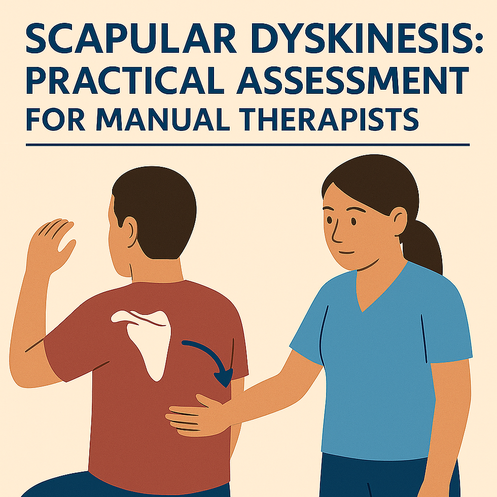 Two figures, one assessing the other's shoulder with a scapula illustration. Text: "SCAPULAR DYSKINESIS: PRACTICAL ASSESSMENT FOR MANUAL THERAPISTS".
