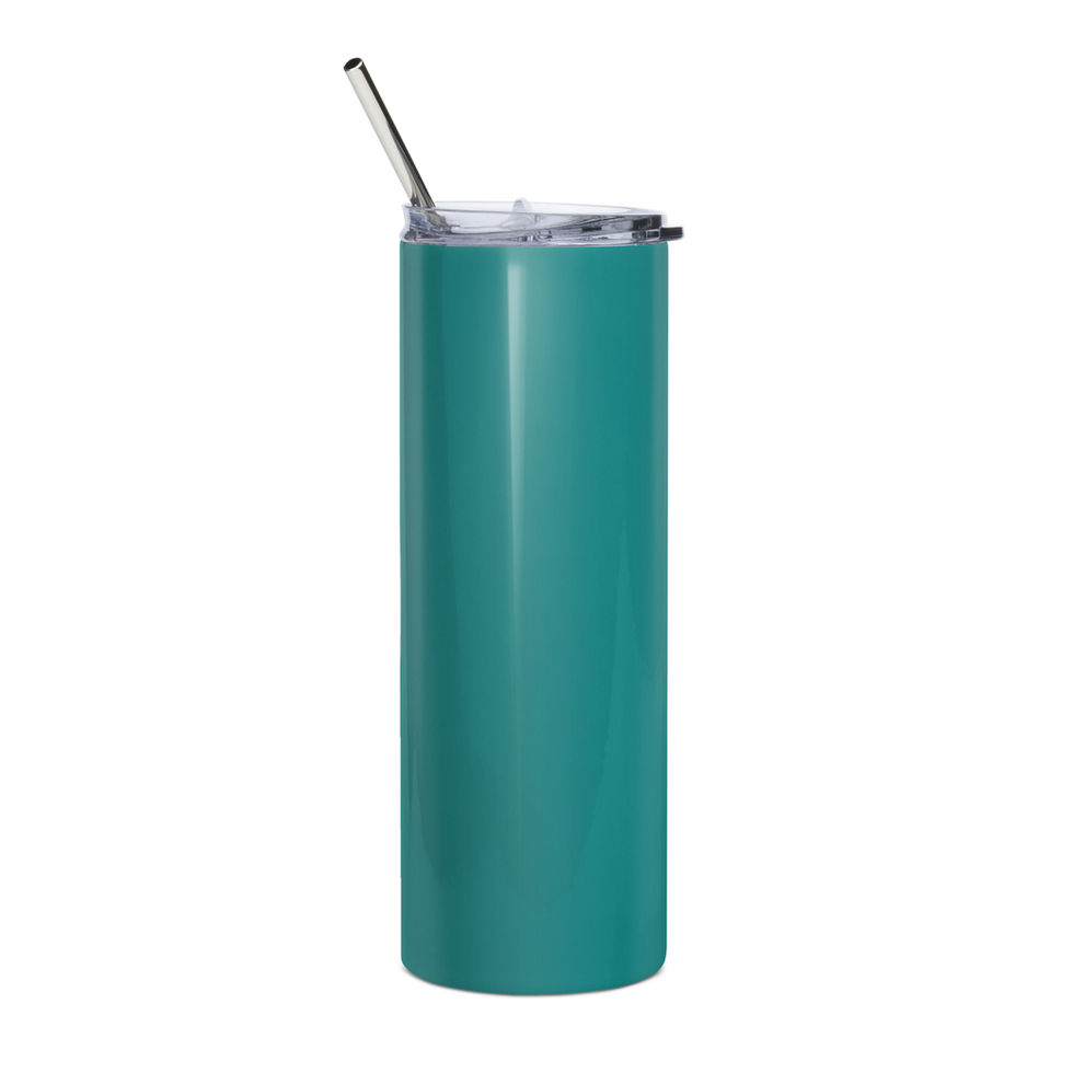 Nude Beach Teal stainless steel tumbler with the palm-tree seal logo