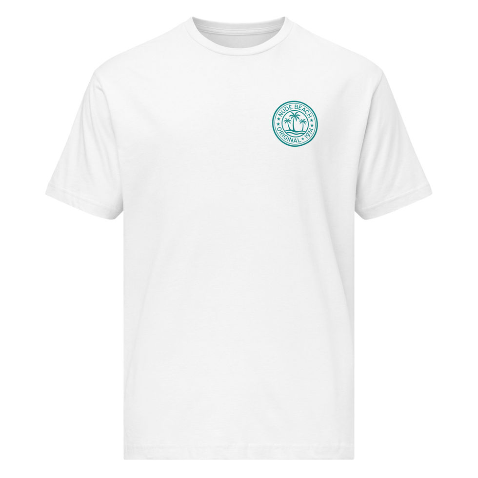 Nude Beach unisex jersey tee with the palm-tree seal logo