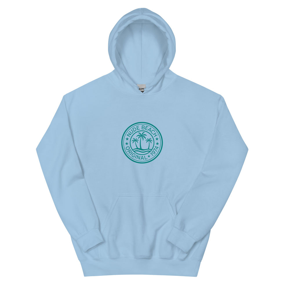 Nude Beach unisex hoodie with the palm-tree seal logo