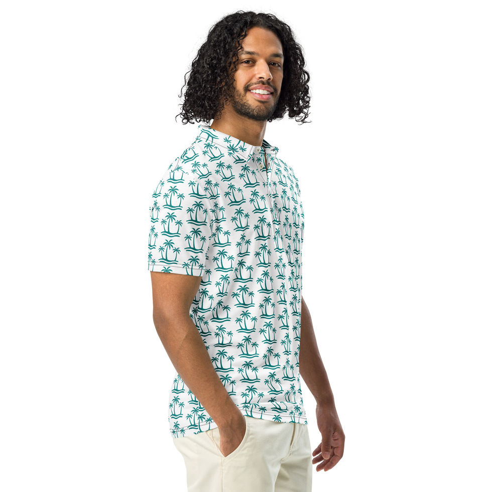 Nude Beach men's slim fit polo in a green palm-print pattern