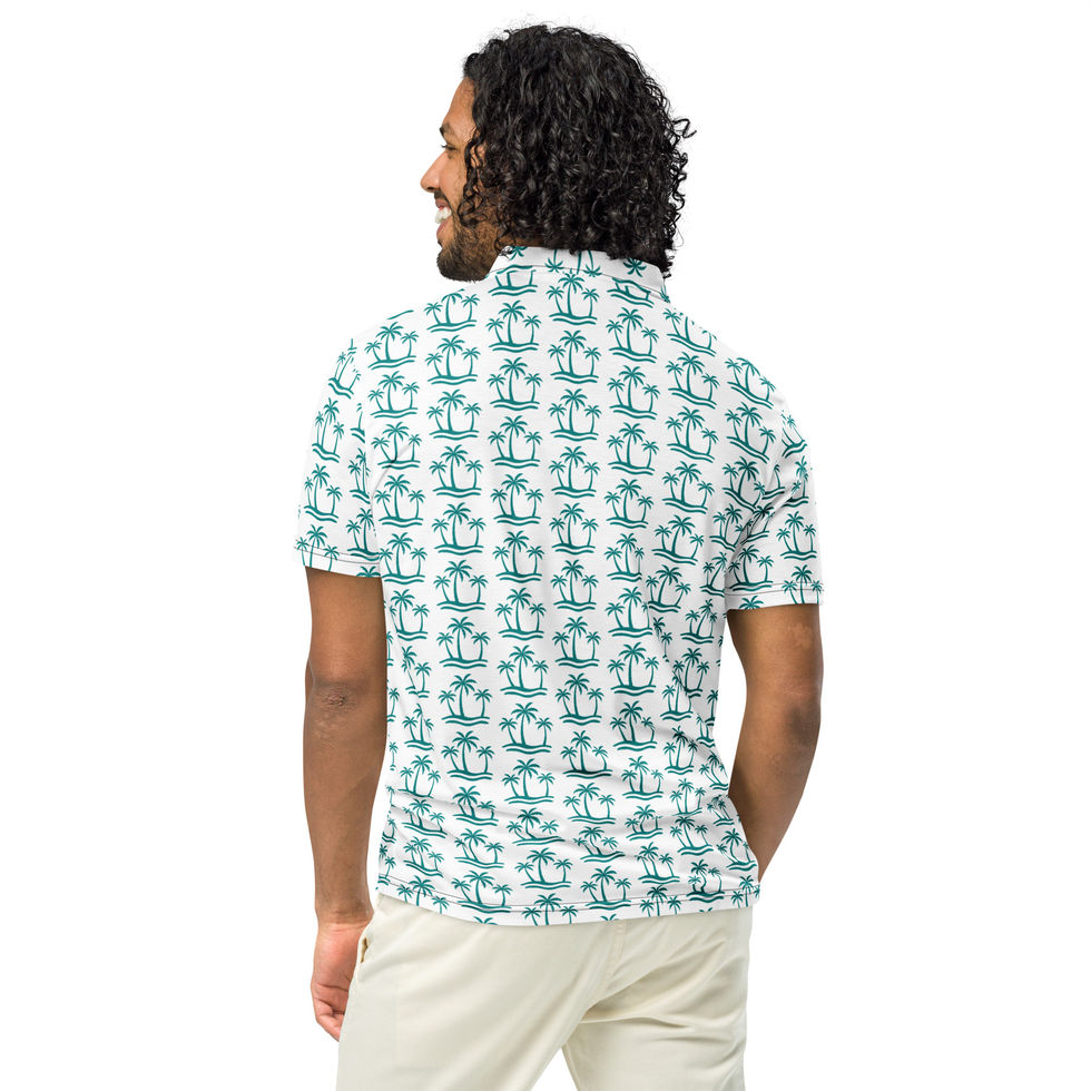 Nude Beach men's slim fit polo in a green palm-print pattern