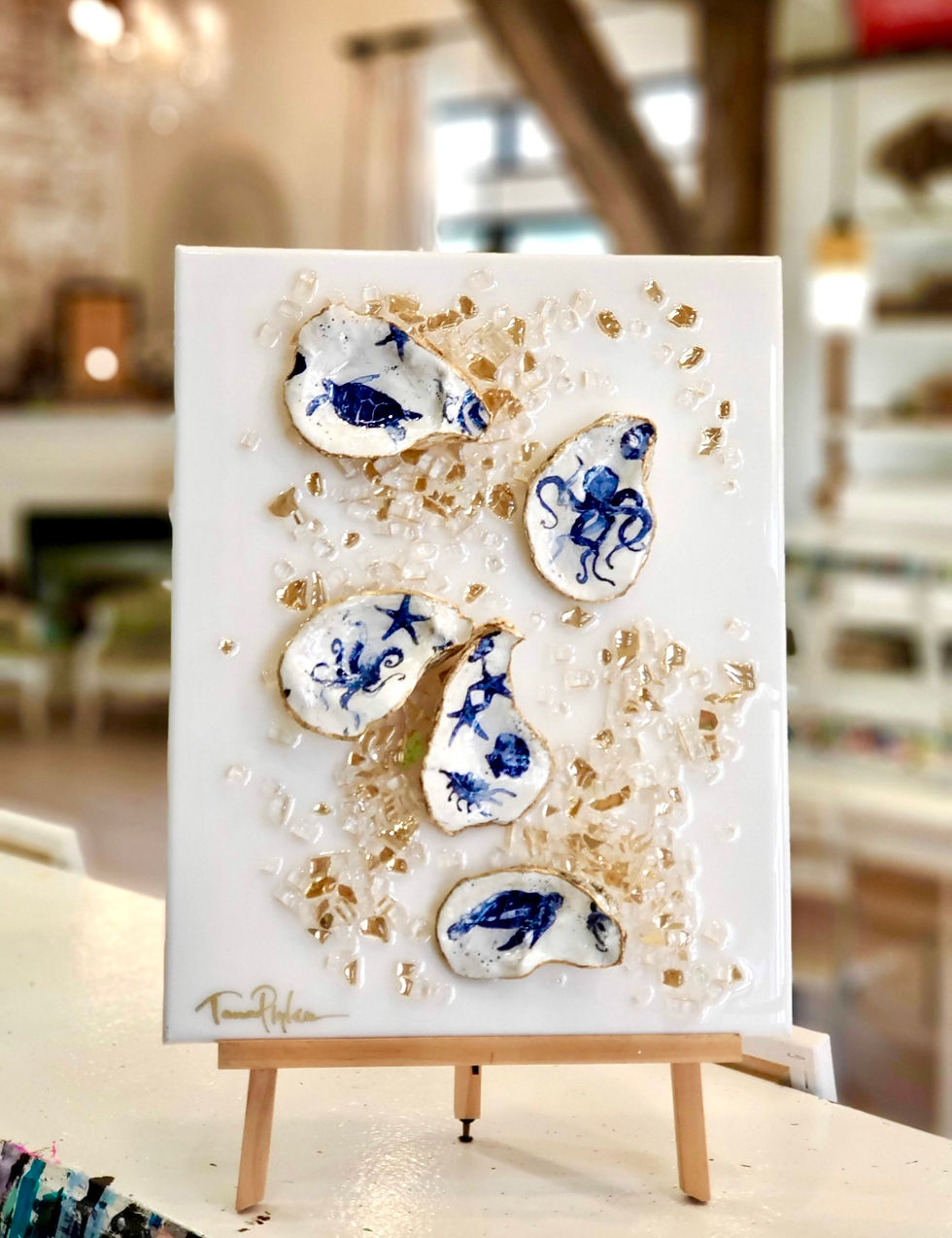 Oyster Shells, Epoxy Resin & Shattered Glass ON CANVAS 