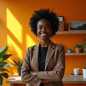 Confident young Black woman with natural hair stands smiling with arms crossed in a modern office with vibrant orange walls. She wears a brown plaid blazer and black shirt. The workspace features large windows with sunlight, shelves with potted plants, framed photos, and a neat desk, creating a bright, creative, and professional environment
