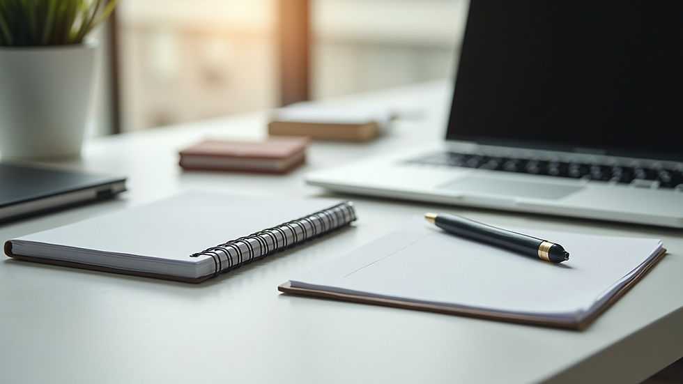 Eye-level view of a modern workspace with a laptop and notepad