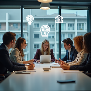 A diverse-group-of-business-people-brainstorming-around-a-table-with-ai-artificial-intelli