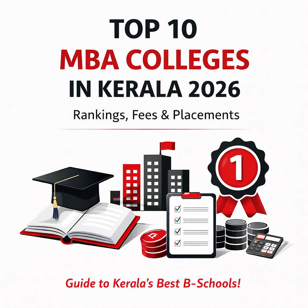 Kerala MBA Colleges 2026 infographic showing college-wise fees, average placement packages and accepted entrance exams in a red, black and white professional design.