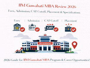 IIM Guwahati MBA Review 2026 infographic showing fee structure, admission process, CAT cutoff, placement statistics, ROI, and MBA specializations at IIM Guwahati