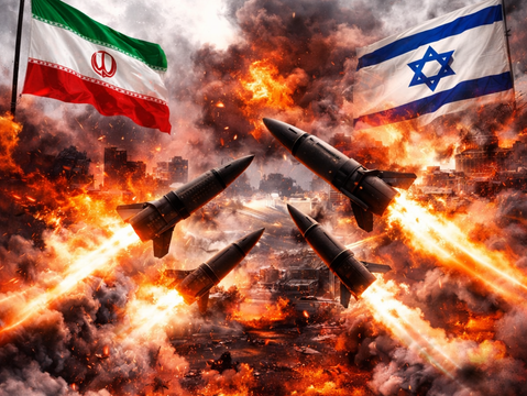Iran vs Israel War 2026 missile attack scene showing ballistic missiles, explosions, and flags representing the military conflict between Iran and Israel.