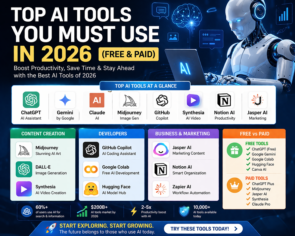 Top AI tools 2026 infographic showing ChatGPT, Gemini, Midjourney, GitHub Copilot, and other free and paid AI tools for productivity, content creation, and business automation.