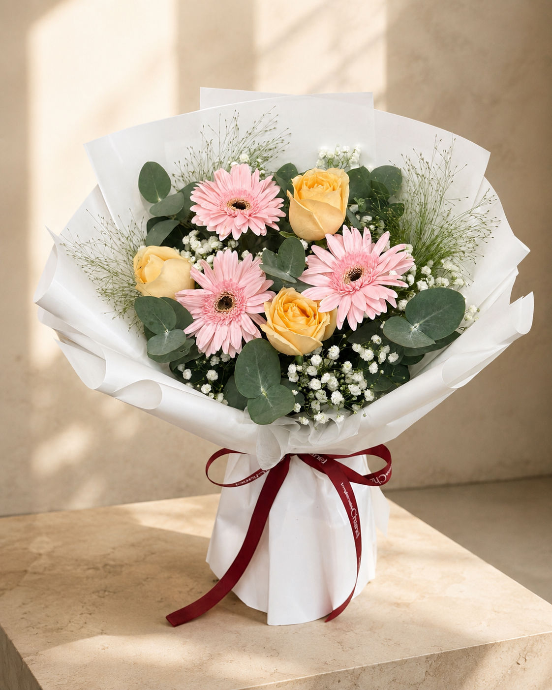 Pink Gerbera & Champagne Rose Bouquet|粉色非洲菊香槟玫瑰花束
