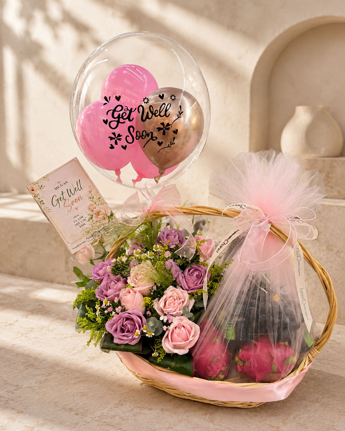 Get Well Soon Flower & Wellness Gift Basket 早日康复鲜花养生礼篮