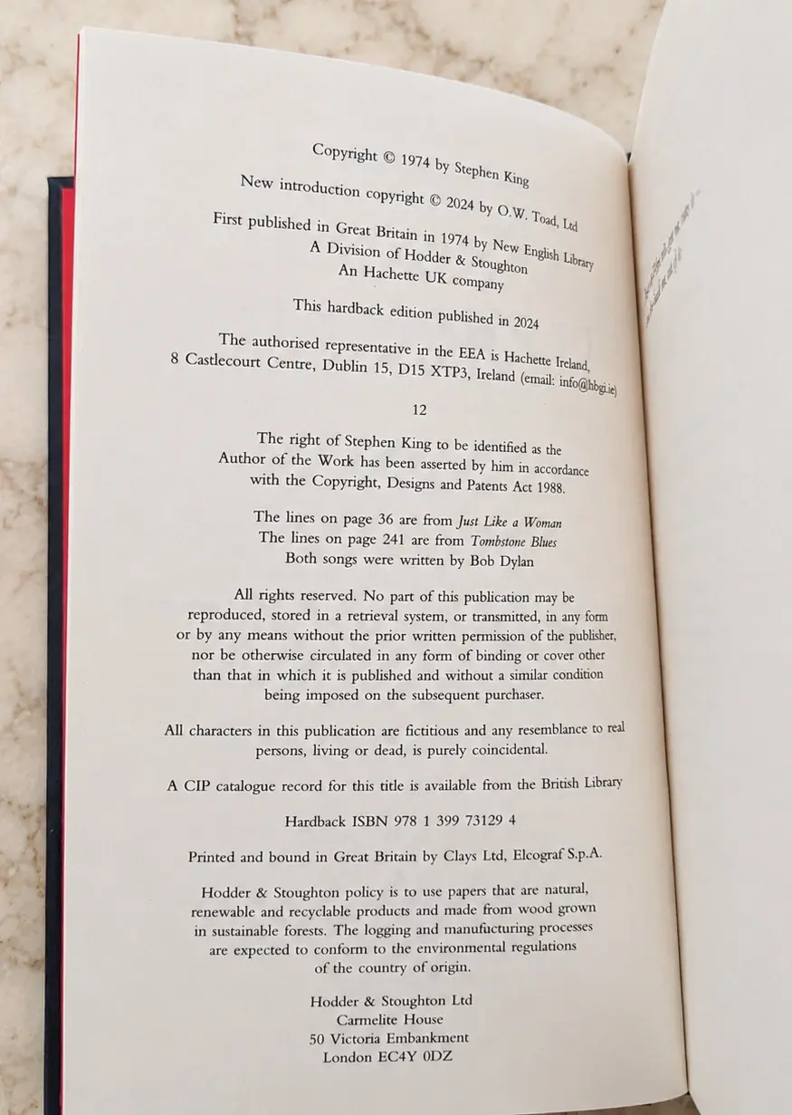 Thumbnail: Copyright page from the 50th Anniversary Edition of Carrie by Stephen King