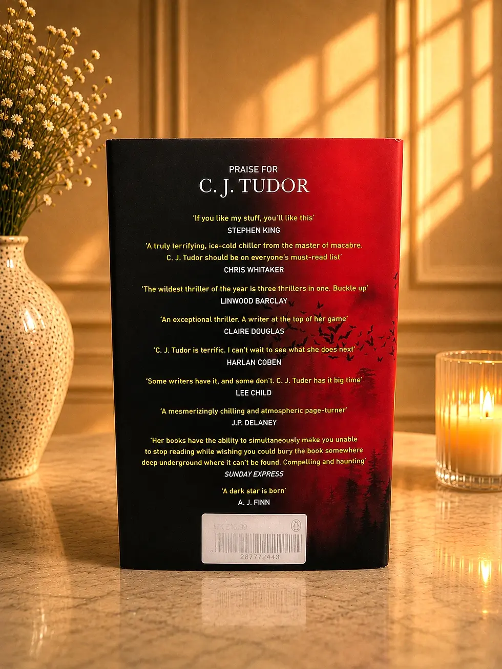 Back cover of The Gathering horror thriller hardback by C.J. Tudor