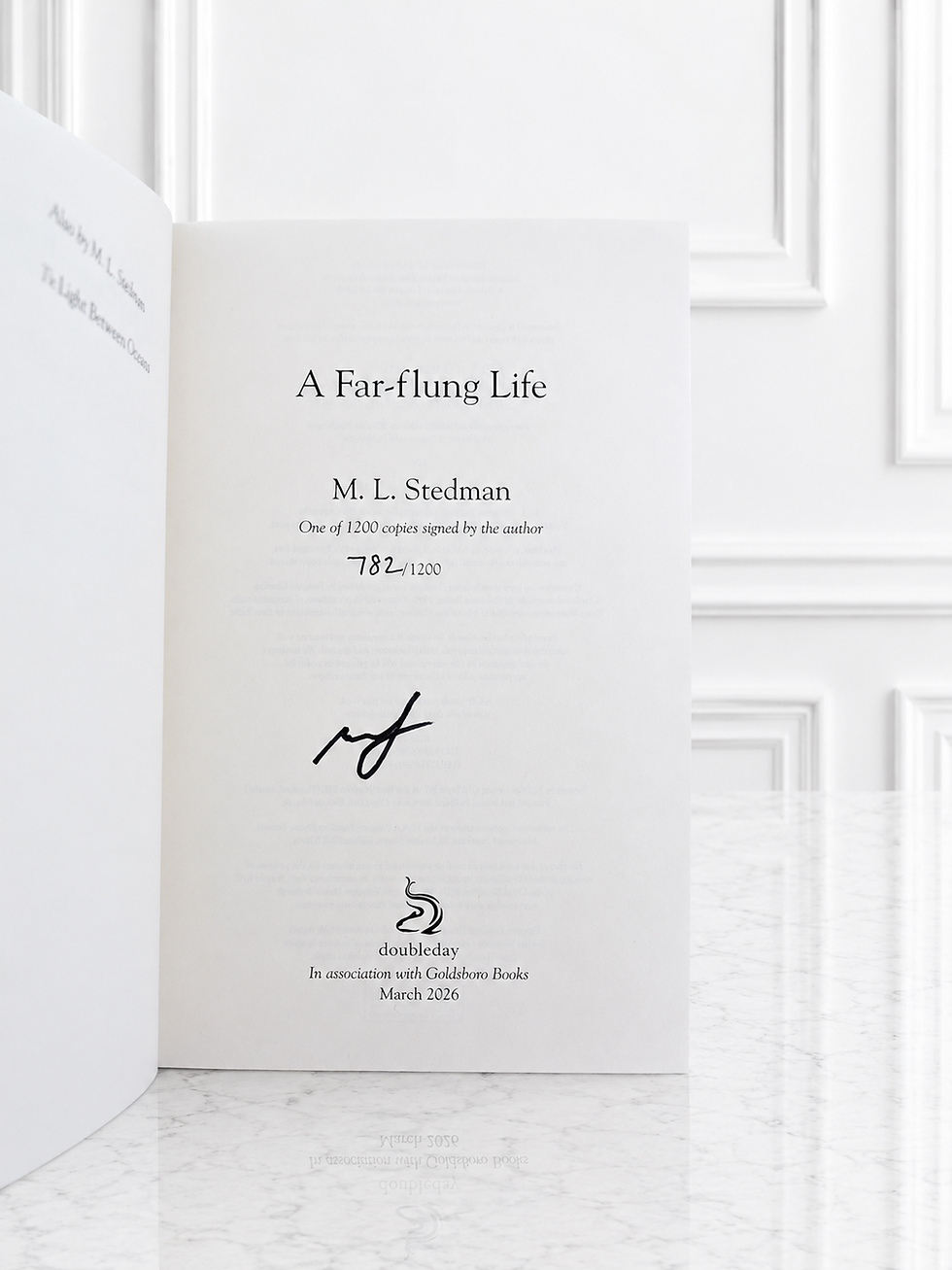 Thumbnail: M.L. Stedman signature page in the Goldsboro signed exclusive edition of A Far-Flung Life