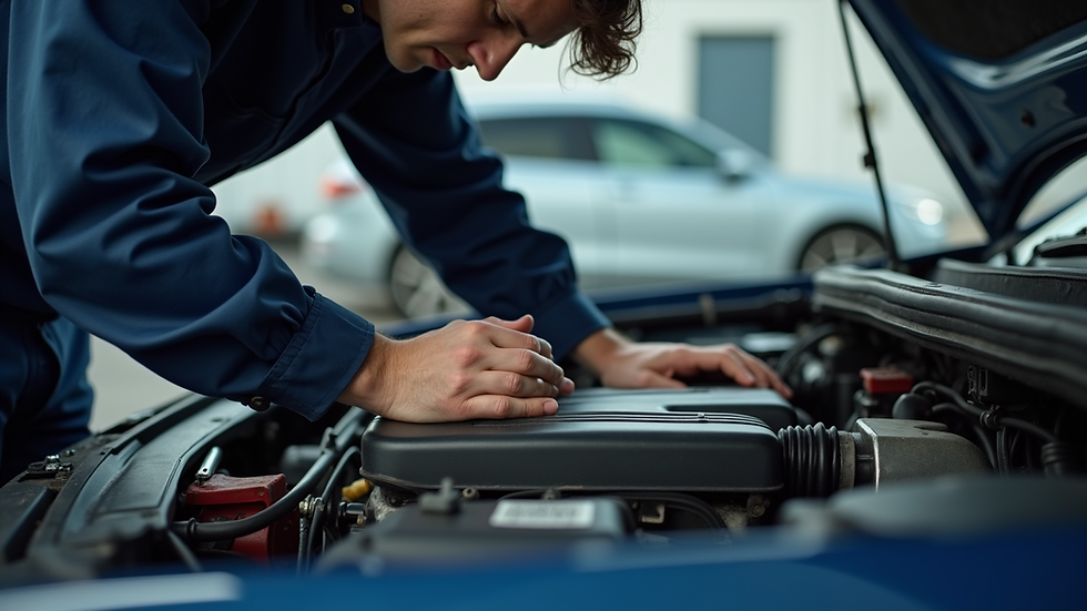 Eye-level view of a mechanic inspecting a car engine