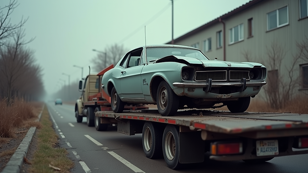 Close-up view of a scrapped car being loaded onto a tow truck