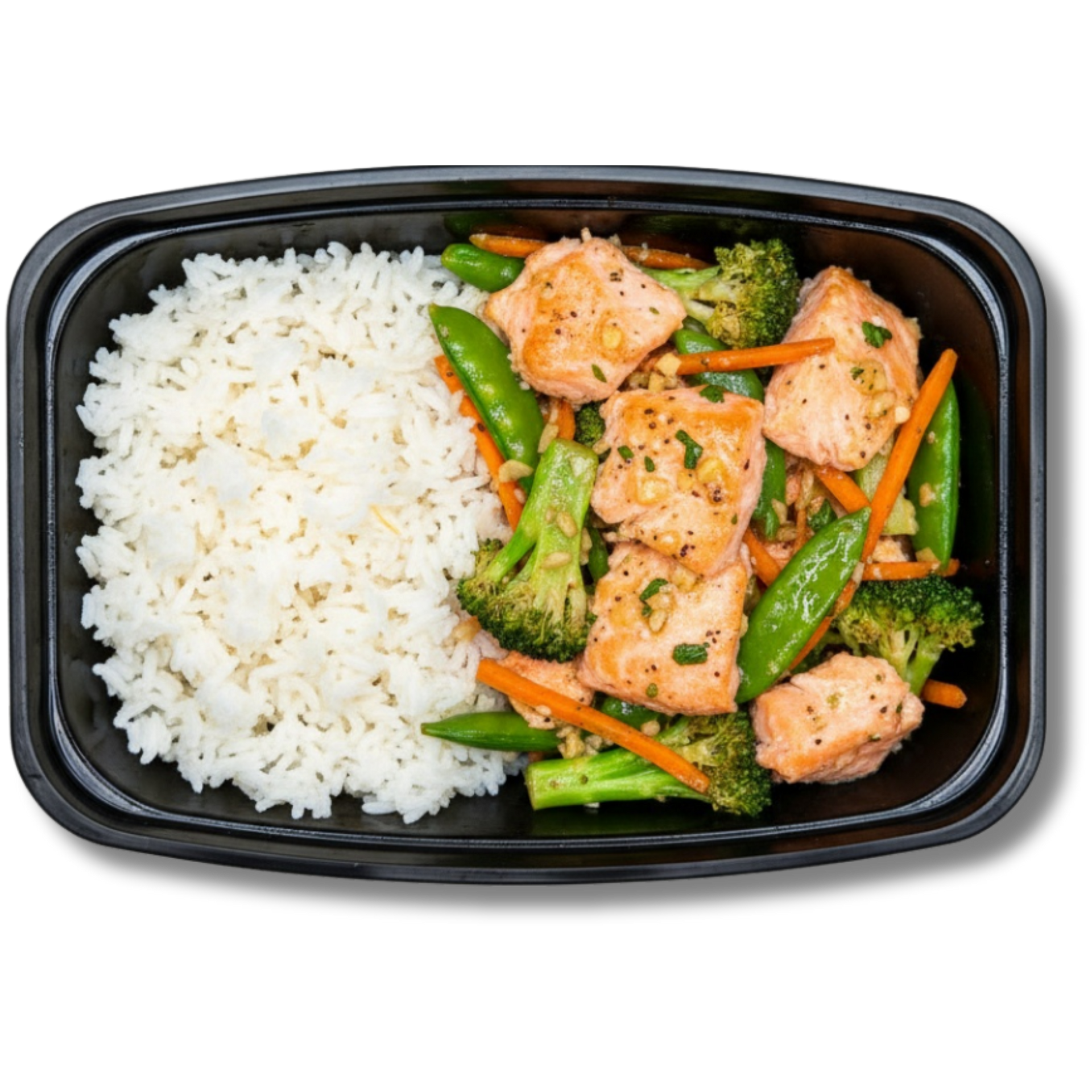 A black container holds the LunaFit Fresh Salmon Stir Fry Meal, featuring chunks of cooked pink salmon tossed with bright green sugar snap peas, broccoli florets, and orange carrots, served next to a portion of white rice.