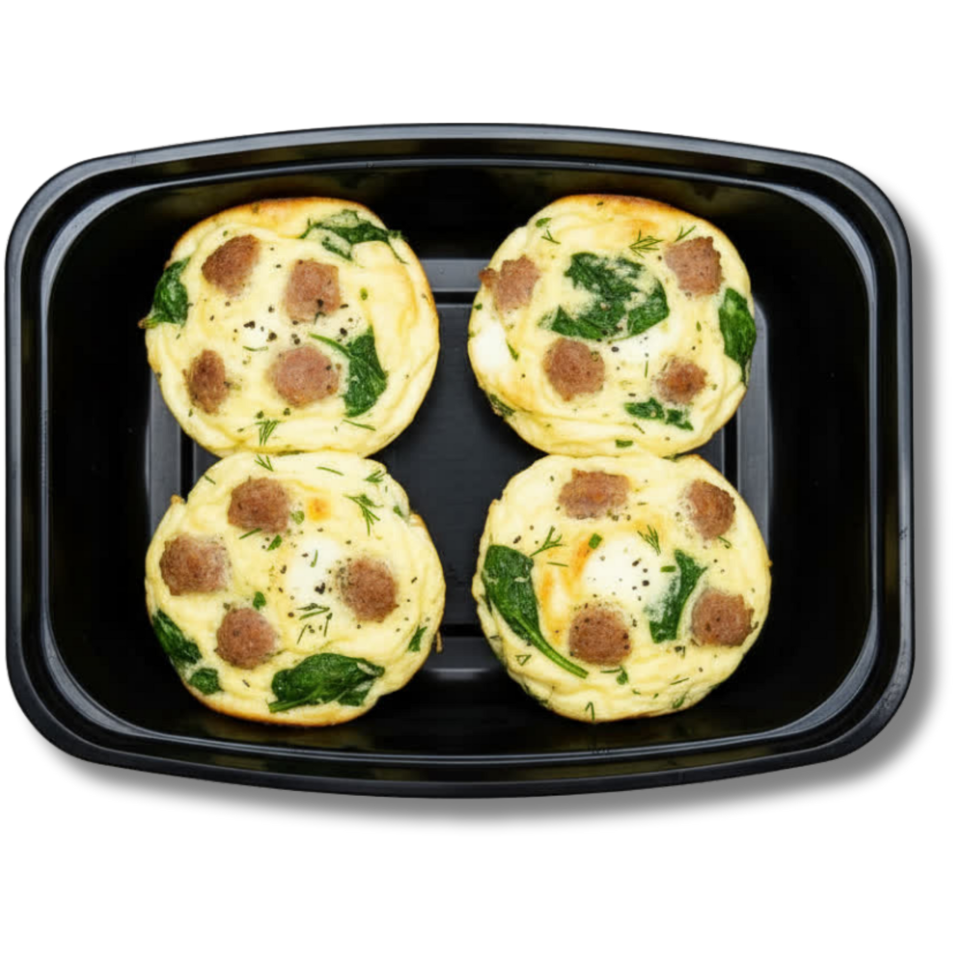 A square black container holds the LunaFit Fresh Egg White Muffins Turkey Sausage 4 Pack, featuring four baked, pale yellow egg white muffins filled with visible dark brown chunks of turkey sausage and small green herb specks.