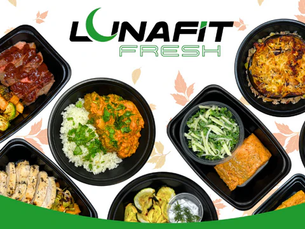 Assorted meals in black trays on a white background with leaves. "LUNAFIT FRESH" text above. Meals include rice, vegetables, and salmon.