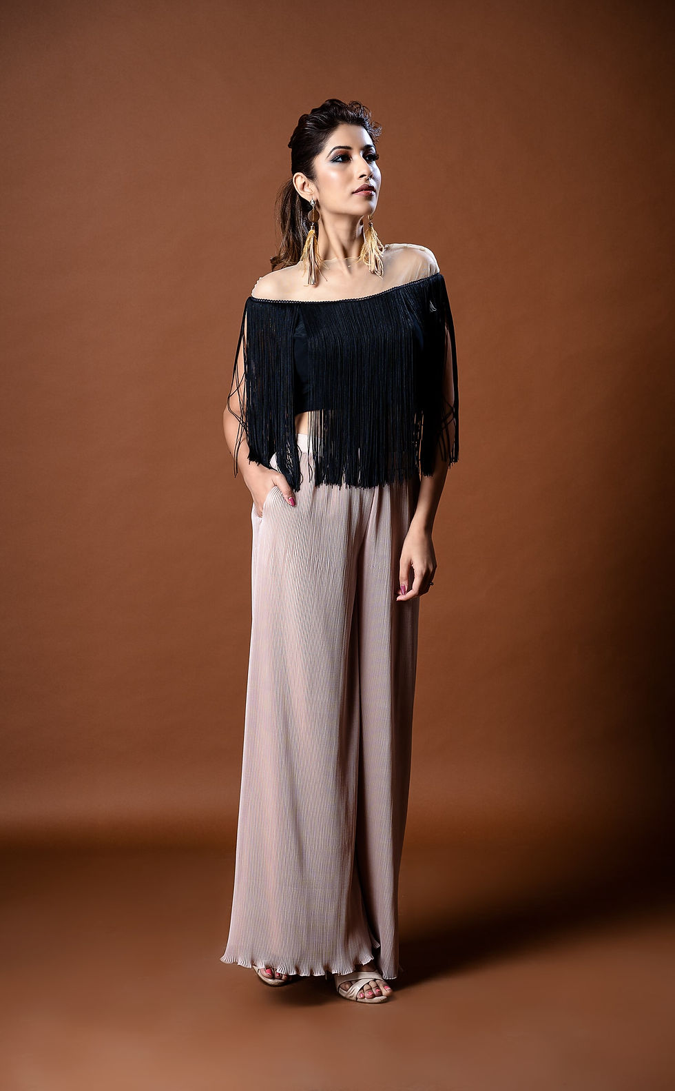 Black fringe top & gold pallazos