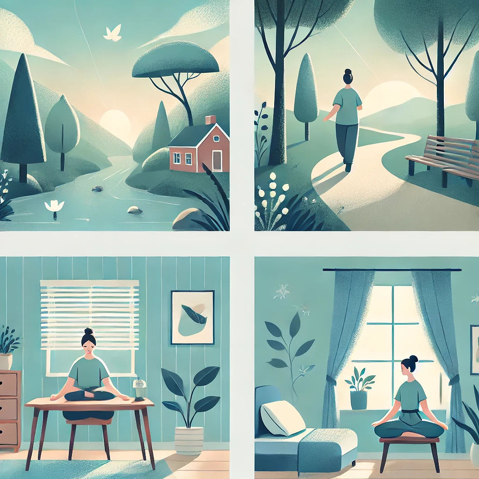 A series of images showing mindfulness exercises such as walking, breathing, and sitting in calm indoor and outdoor environments, emphasizing tranquility and presence