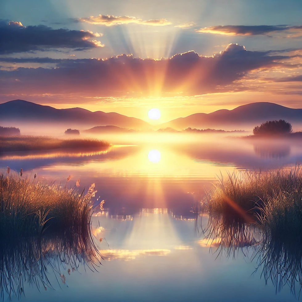 A breathtaking sunrise over a tranquil lake, reflecting soft morning colors and symbolizing a new beginning and the calmness brought by mindfulness practice