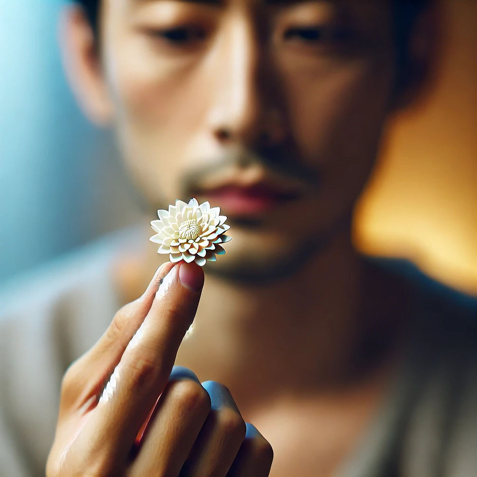 Close-up of a man focusing intently on a lotus flower he holds between his fingers, symbolizing mindfulness and inner peace