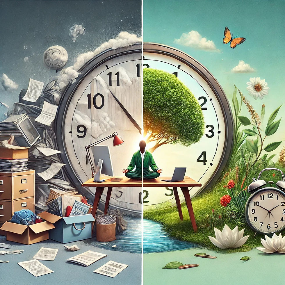 A metaphorical image depicting the transformation from a cluttered desk and chaotic time to a peaceful workspace with a clock surrounded by nature, illustrating overcoming distractions and finding time for mindfulness