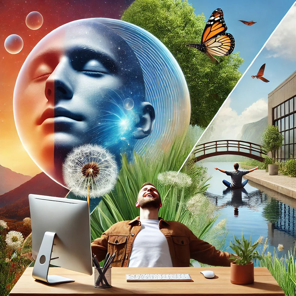 A collage showing a relaxed face, a tidy workspace, and a moment of joy in nature, representing the immediate benefits of mindfulness like tranquility, focus, and happiness