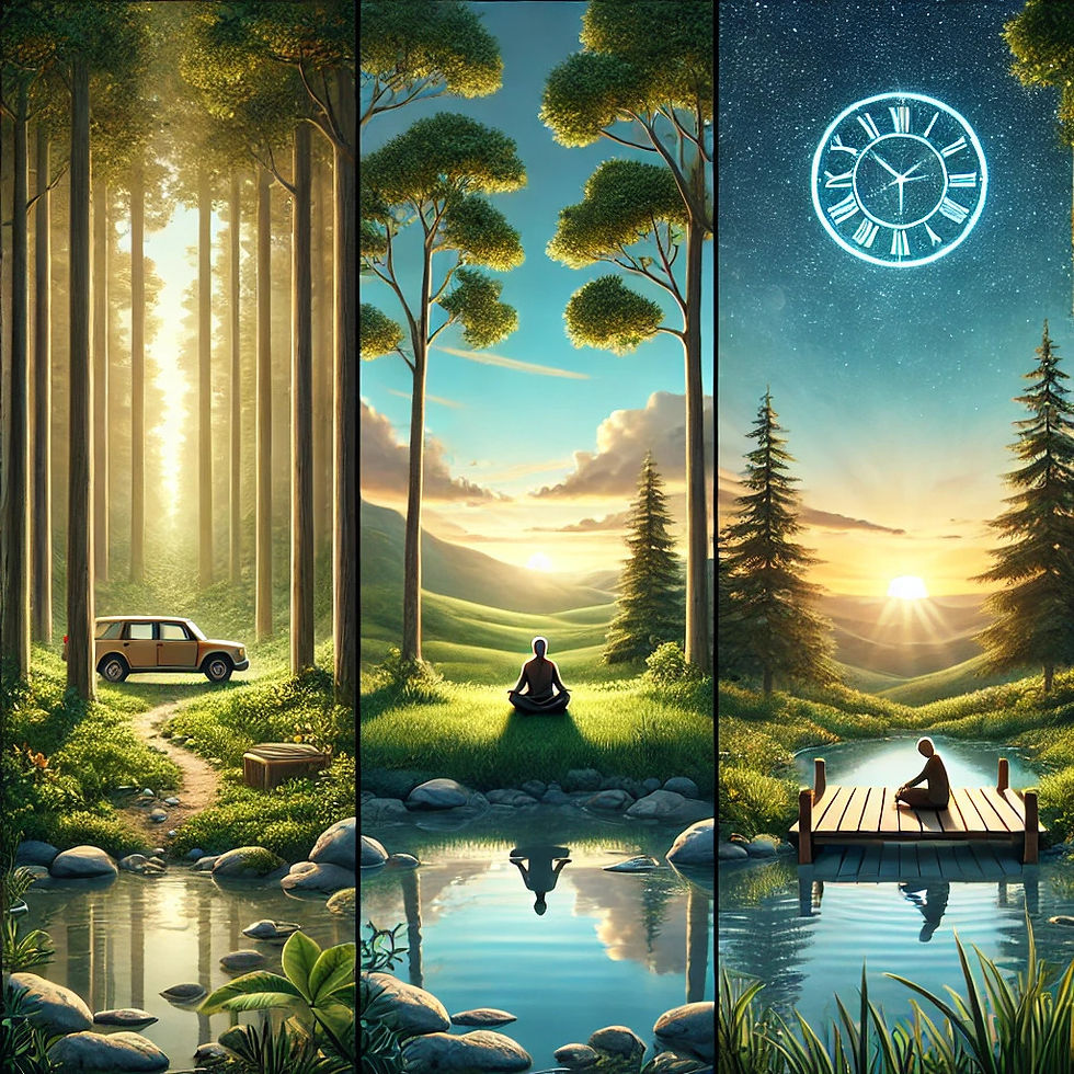 Illustrations depicting a person engaging in various mindfulness exercises in serene natural settings, from walking in a forest to sitting quietly by a stream