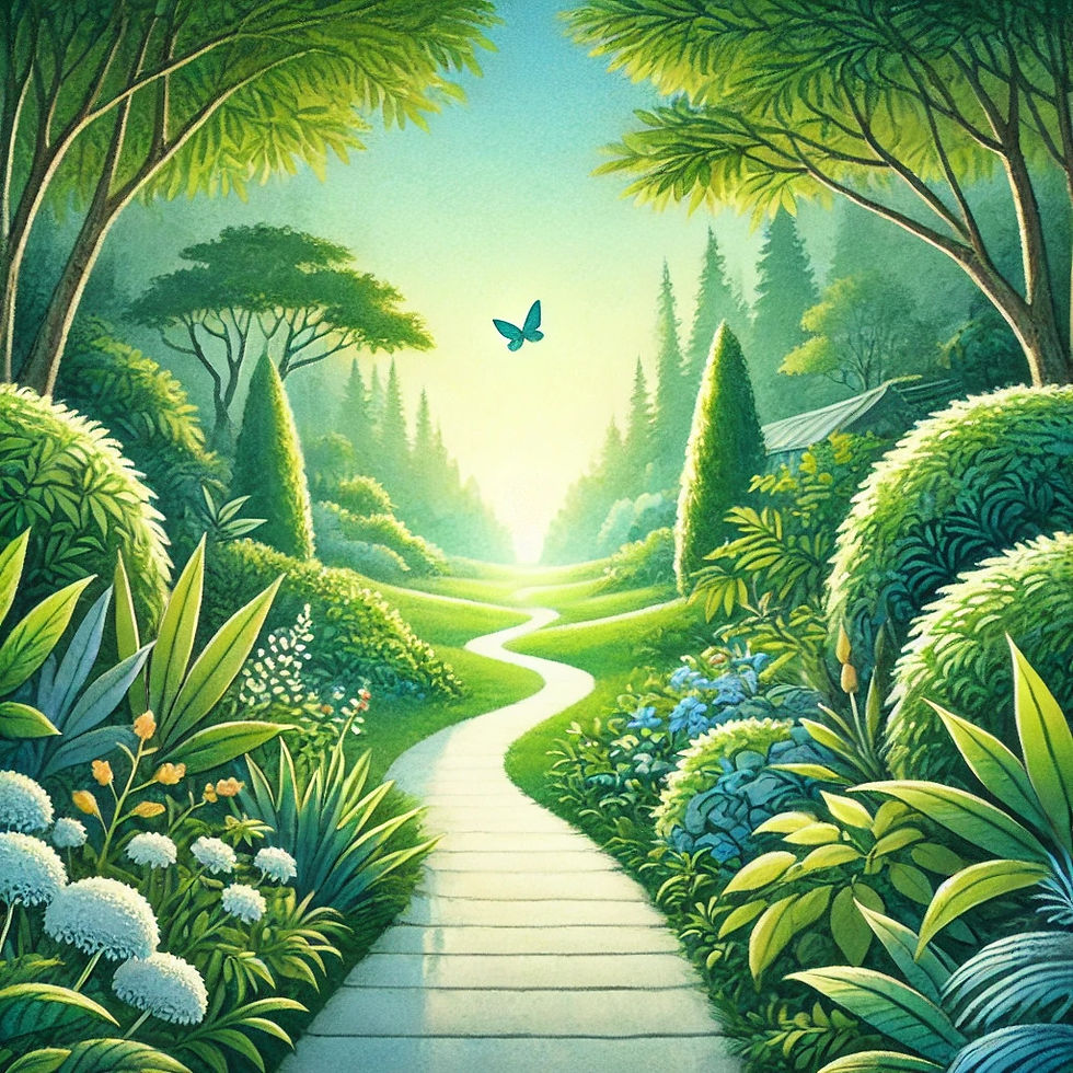 A serene pathway meandering through a lush, vibrant garden, symbolizing the journey toward mindfulness and personal growth