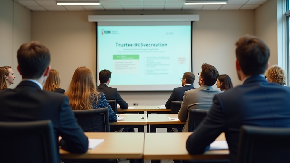 Eye-level view of a classroom setting with students engaged in a trustee certification course
