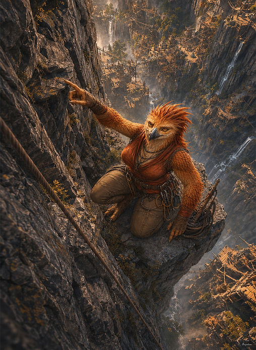 First Spark, a compact orange-feathered avian woman, begins a supervised forward rappel from an Ormedra training terrace while an instructor monitors her safety line behind her.