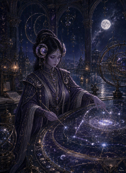 Starweaver charts a celestial pattern in a moonlit observatory, surrounded by star maps, silver astronomical instruments, glowing constellation lines, and the elegant architecture of Moonlit Mysteries.