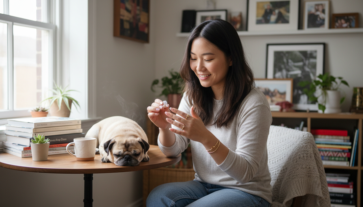 Eye-level view of a woman applying press-on nails at a small table while a pug rests nearby.