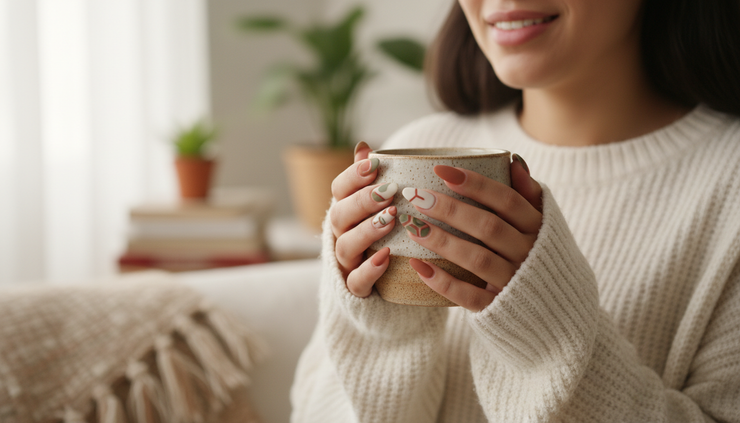 Close-up of a woman holding a mug while wearing a neutral press-on manicure at home.