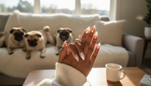 Woman showing her BTArtBox press-on nails with three pugs sitting on the couch in the background.