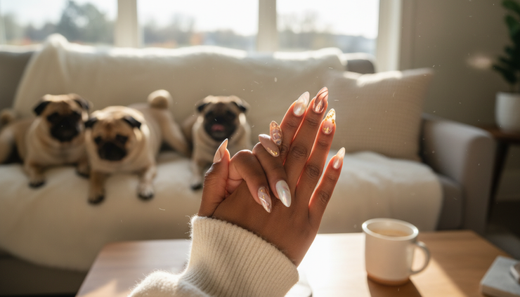 Close-up of a woman showing a fresh press-on manicure while sitting at home with cozy pets nearby.