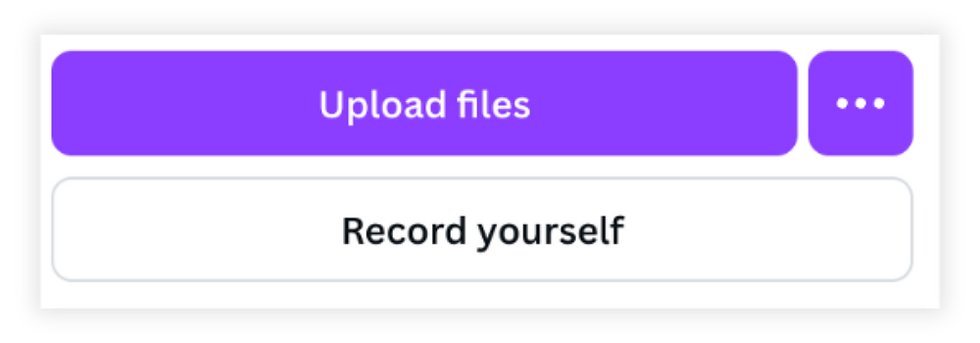 Purple button with "Upload files" and "Record yourself" options. Minimalist interface with a clean, modern design.