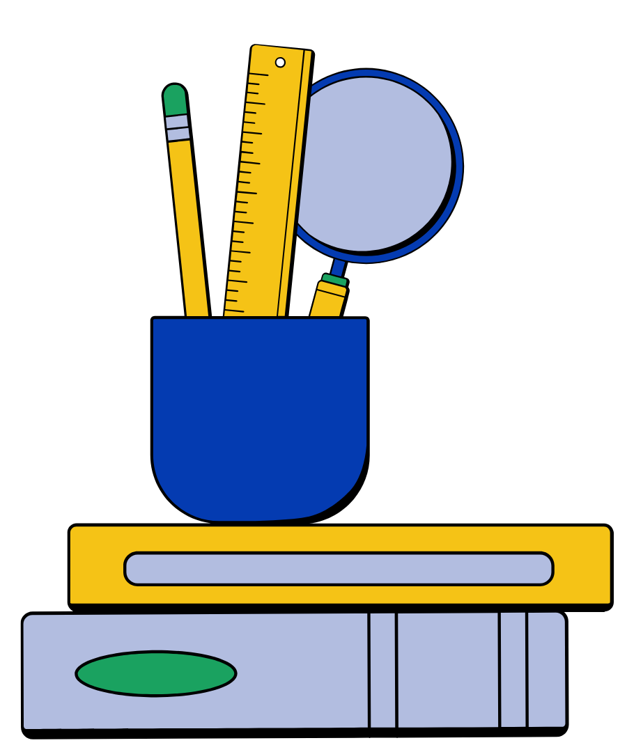 Yellow pencil, ruler, and magnifying glass in a blue holder on stacked books. Bold colors, simple design. Background is plain white.
