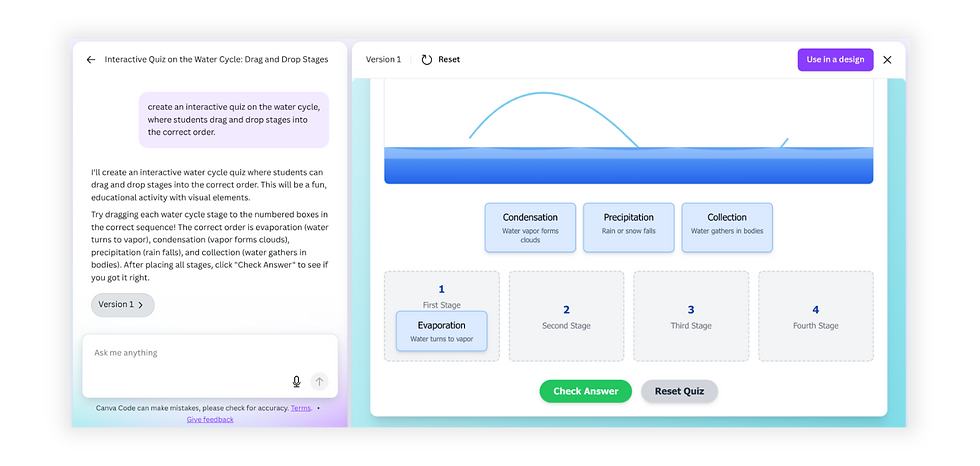 Interactive quiz on water cycle stages with drag-and-drop feature. Stages include Evaporation, Condensation, Precipitation, Collection.