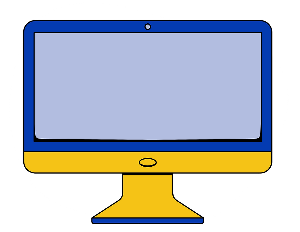 Illustration of a blue and yellow computer monitor with a blank screen. The design is simple, with a white background.