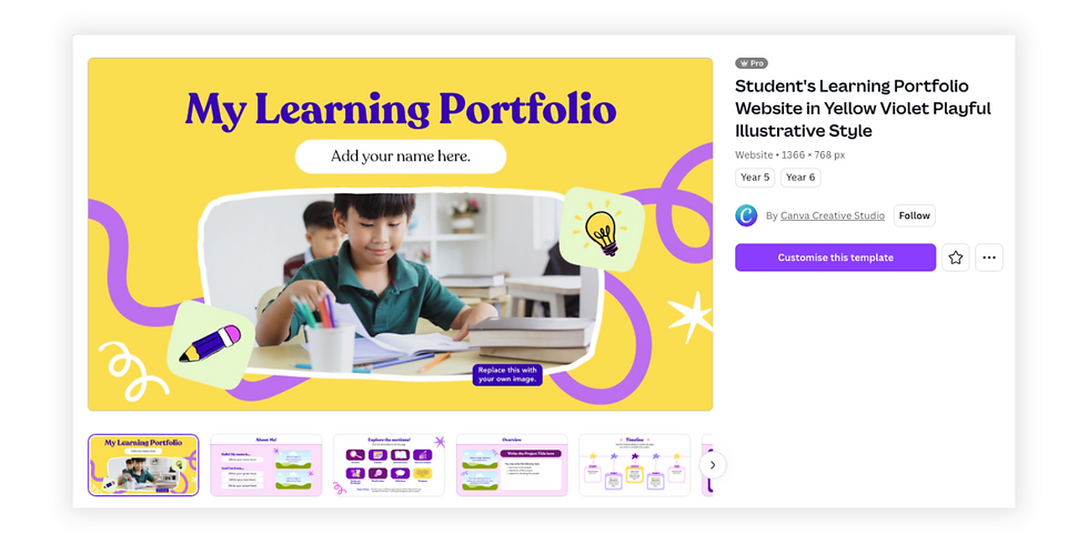 Child writing in a notebook, surrounded by books and colorful graphics. Text reads "My Learning Portfolio" on a yellow background.