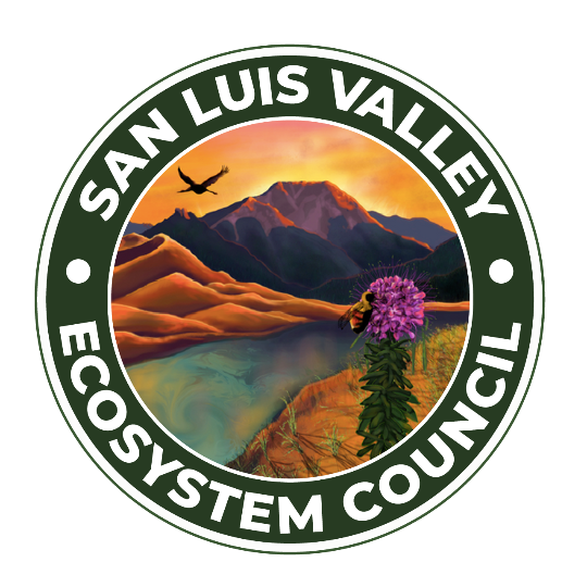 The SanLuis Valley Ecosystem Council's logo with iconic local landmarks, such as the Great Sand Dunes, Rio Grande, and Mt. Blanca. 